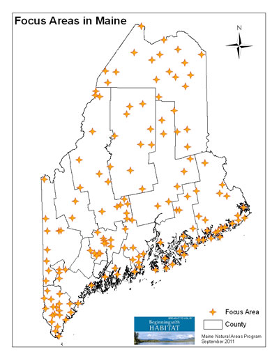 Map showing locations of focus areas in Maine